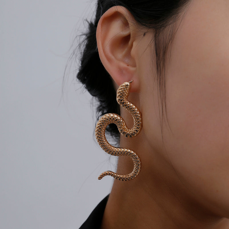 Explosive personality punk wind metal snake earrings alternative tide with carved snake earrings street fashion earrings