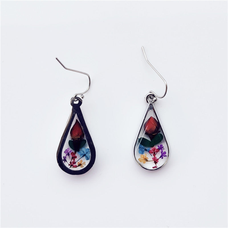 Drop-shaped rose dried flower earrings small jewelry resin flower earrings