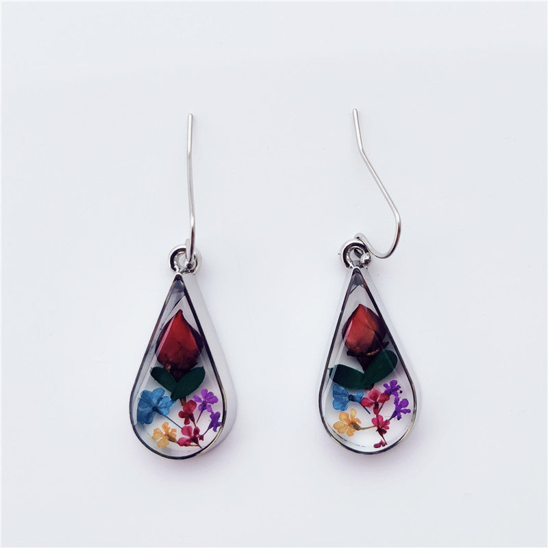 Drop-shaped rose dried flower earrings small jewelry resin flower earrings