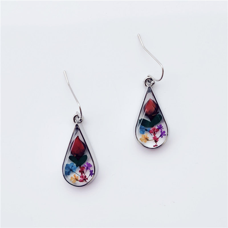 Drop-shaped rose dried flower earrings small jewelry resin flower earrings