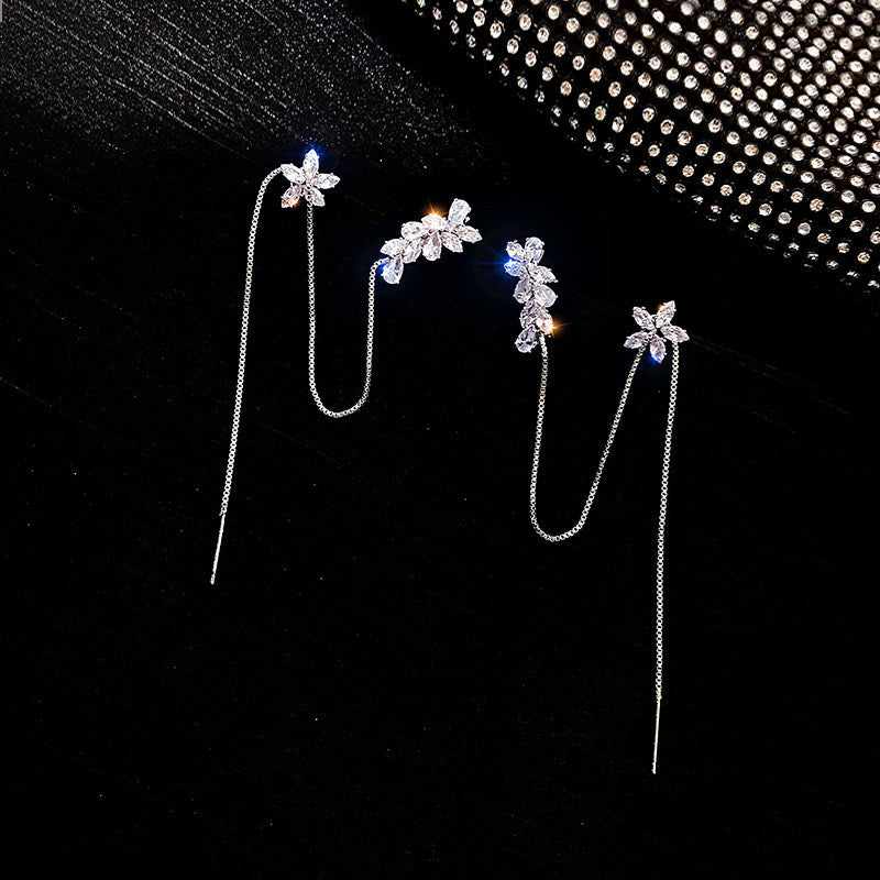 Zirconia flowers tassel ear bone clip earrings integrated 2022 new tide long 925 silver needle temperament earrings female