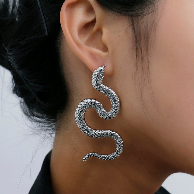 Explosive personality punk wind metal snake earrings alternative tide with carved snake earrings street fashion earrings