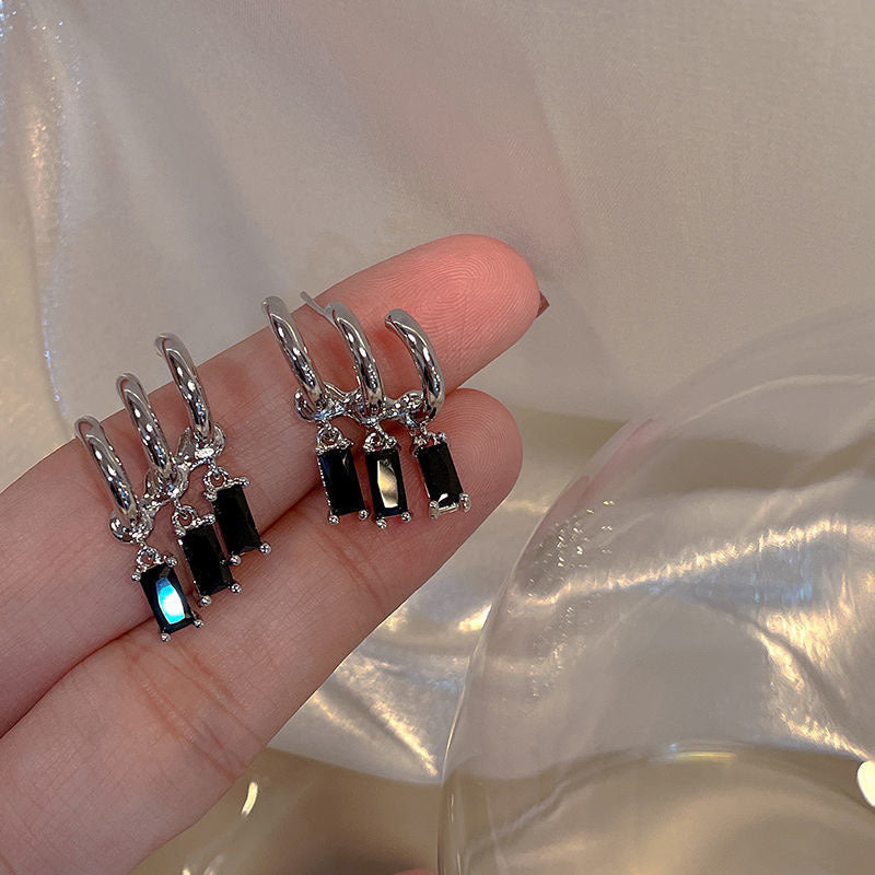 Qiaojin-Cold Style Diamond-Embedded Design Black Zirconium Earrings Fashionable Temperament Three-Layer Earrings Personalized Hip Hop Ins Earrings