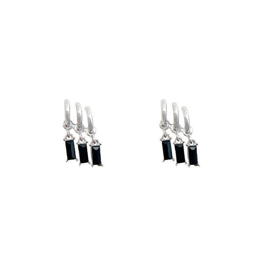 Qiaojin-Cold Style Diamond-Embedded Design Black Zirconium Earrings Fashionable Temperament Three-Layer Earrings Personalized Hip Hop Ins Earrings