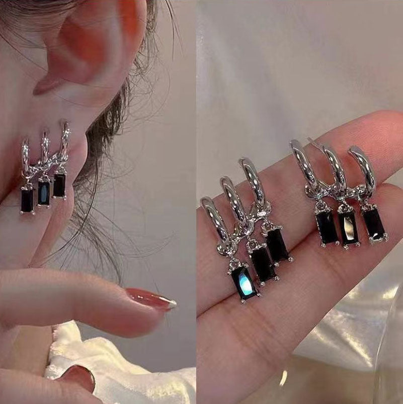 Qiaojin-Cold Style Diamond-Embedded Design Black Zirconium Earrings Fashionable Temperament Three-Layer Earrings Personalized Hip Hop Ins Earrings