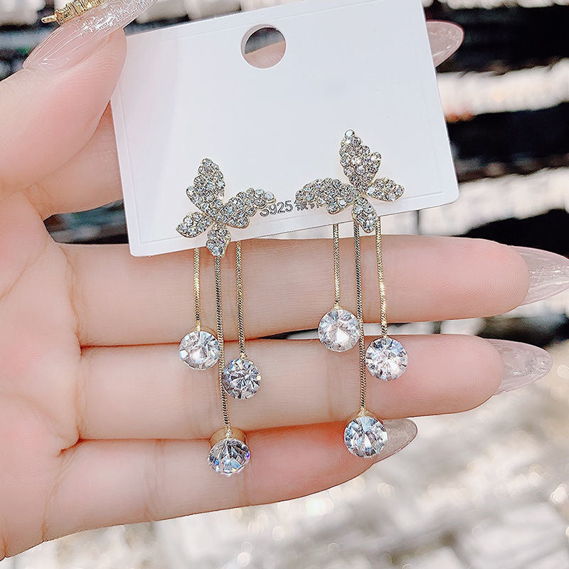 A two wear earrings temperament butterfly models with diamonds earrings light luxury temperament tassel earrings studs earrings female jewelry