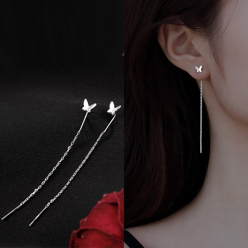 925 sterling silver jewelry small fresh butterfly ear wire earrings earrings female models super fairy niche temperament long INS wind Mori system