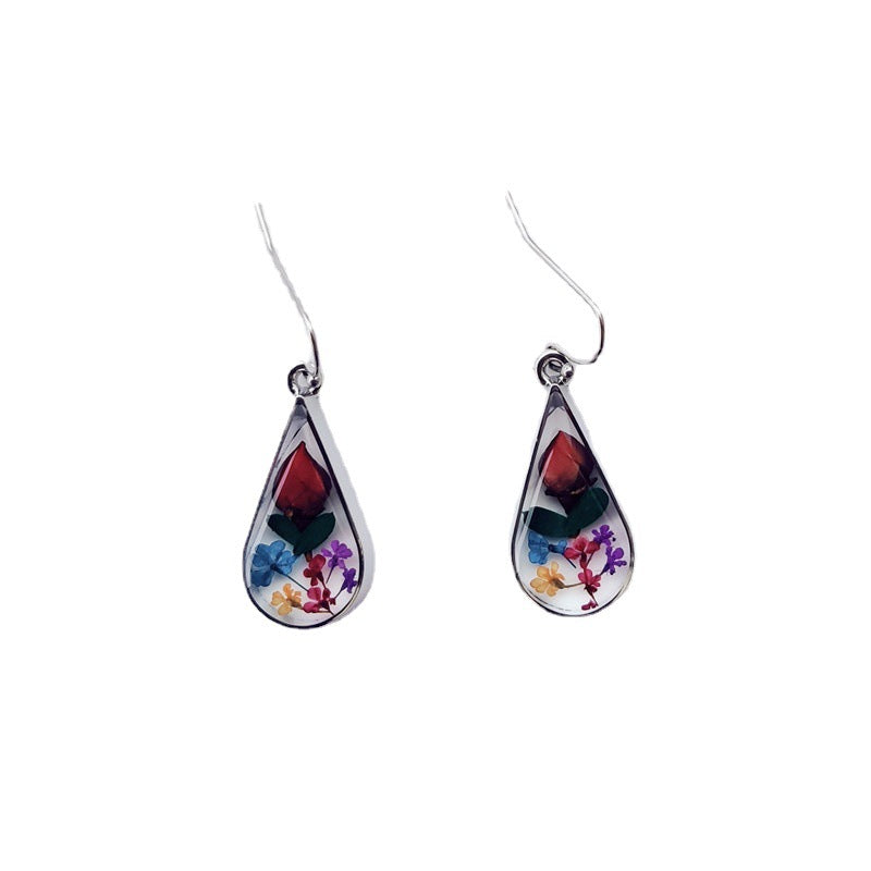 Drop-shaped rose dried flower earrings small jewelry resin flower earrings