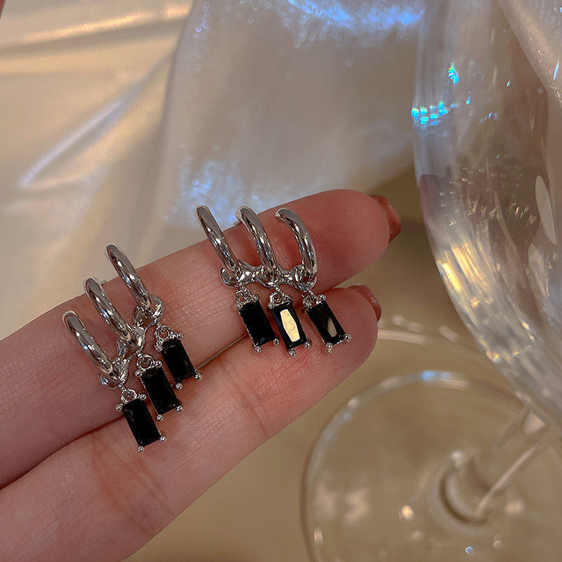 Qiaojin-Cold Style Diamond-Embedded Design Black Zirconium Earrings Fashionable Temperament Three-Layer Earrings Personalized Hip Hop Ins Earrings