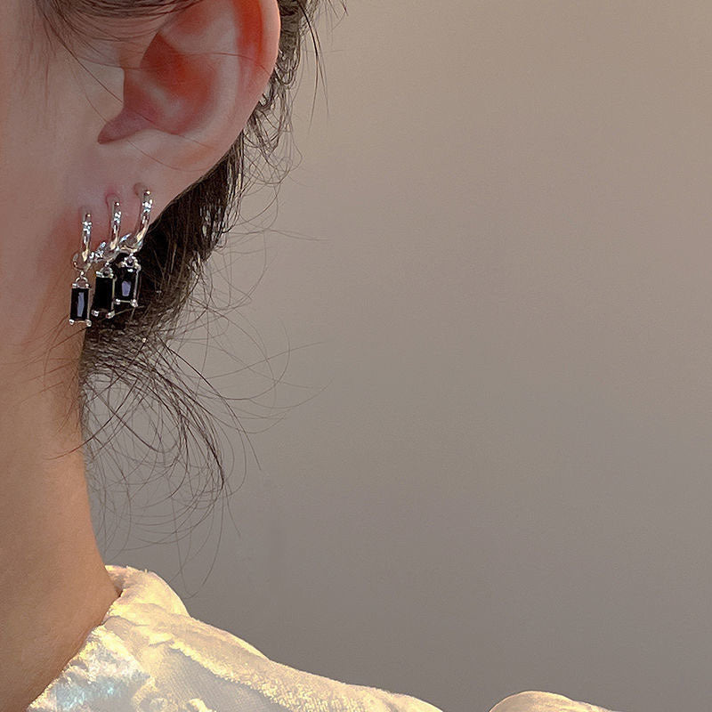 Qiaojin-Cold Style Diamond-Embedded Design Black Zirconium Earrings Fashionable Temperament Three-Layer Earrings Personalized Hip Hop Ins Earrings